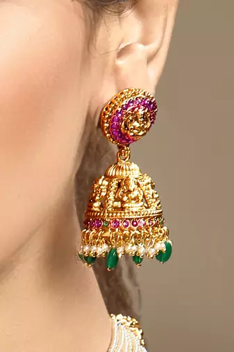 Gold plated temple green stone long necklace set