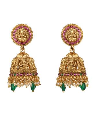 Gold plated temple green stone long necklace set 5