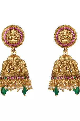 Gold plated temple green stone long necklace set
