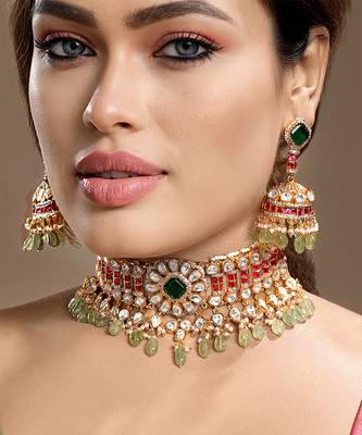 Gold plated kundan green stones choker necklace set 1