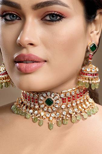 Gold plated kundan green stones choker necklace set