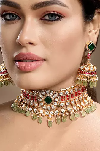 Gold plated kundan green stones choker necklace set