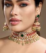 Gold plated kundan green stones choker necklace set