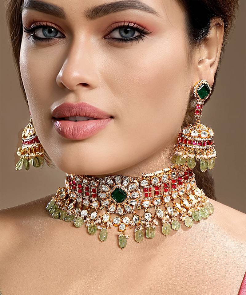 Gold plated kundan green stones choker necklace set