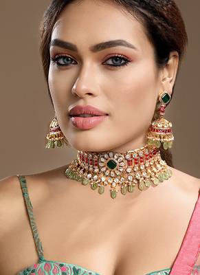 Gold plated kundan green stones choker necklace set 2