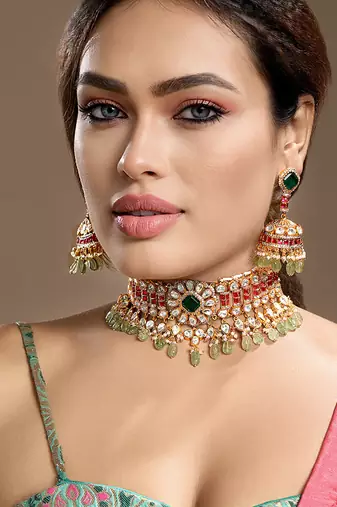 Gold plated kundan green stones choker necklace set