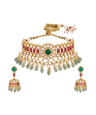 Gold plated kundan green stones choker necklace set 3