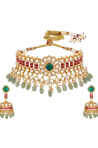 Gold plated kundan green stones choker necklace set