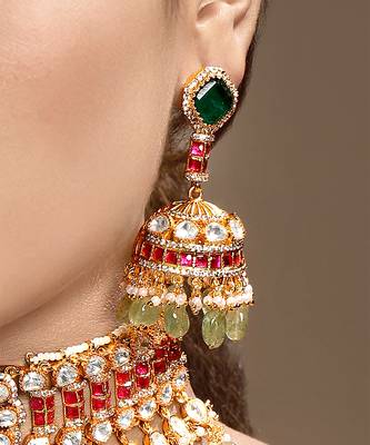 Gold plated kundan green stones choker necklace set 4
