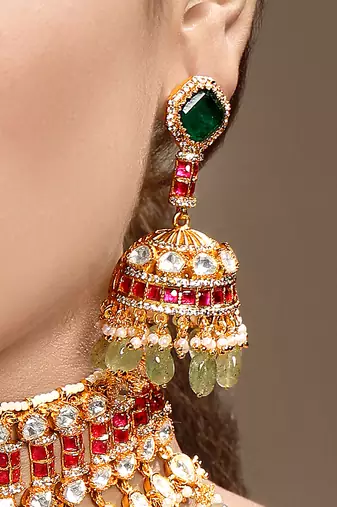 Gold plated kundan green stones choker necklace set