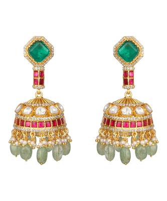 Gold plated kundan green stones choker necklace set 5