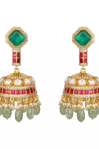 Gold plated kundan green stones choker necklace set
