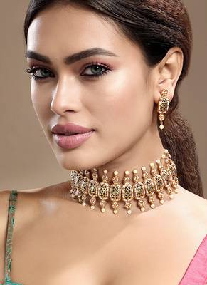 Gold plated kundan green stones choker necklace set 1