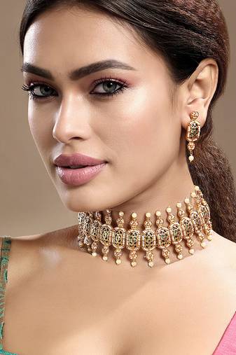 Gold plated kundan green stones choker necklace set