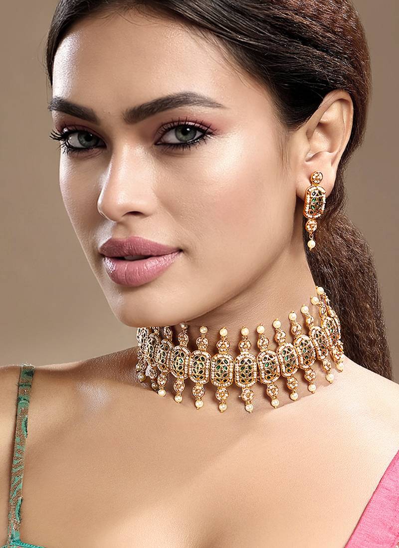 Gold plated kundan green stones choker necklace set