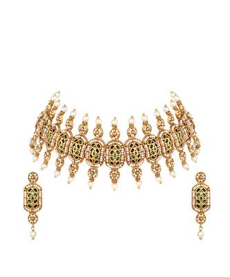 Gold plated kundan green stones choker necklace set 2