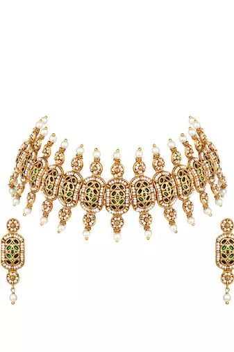 Gold plated kundan green stones choker necklace set