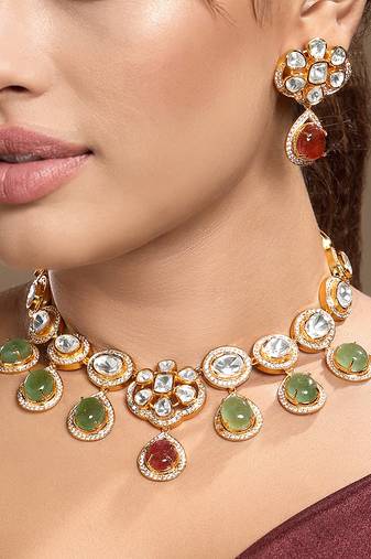 Gold plated kundan green stones necklace set