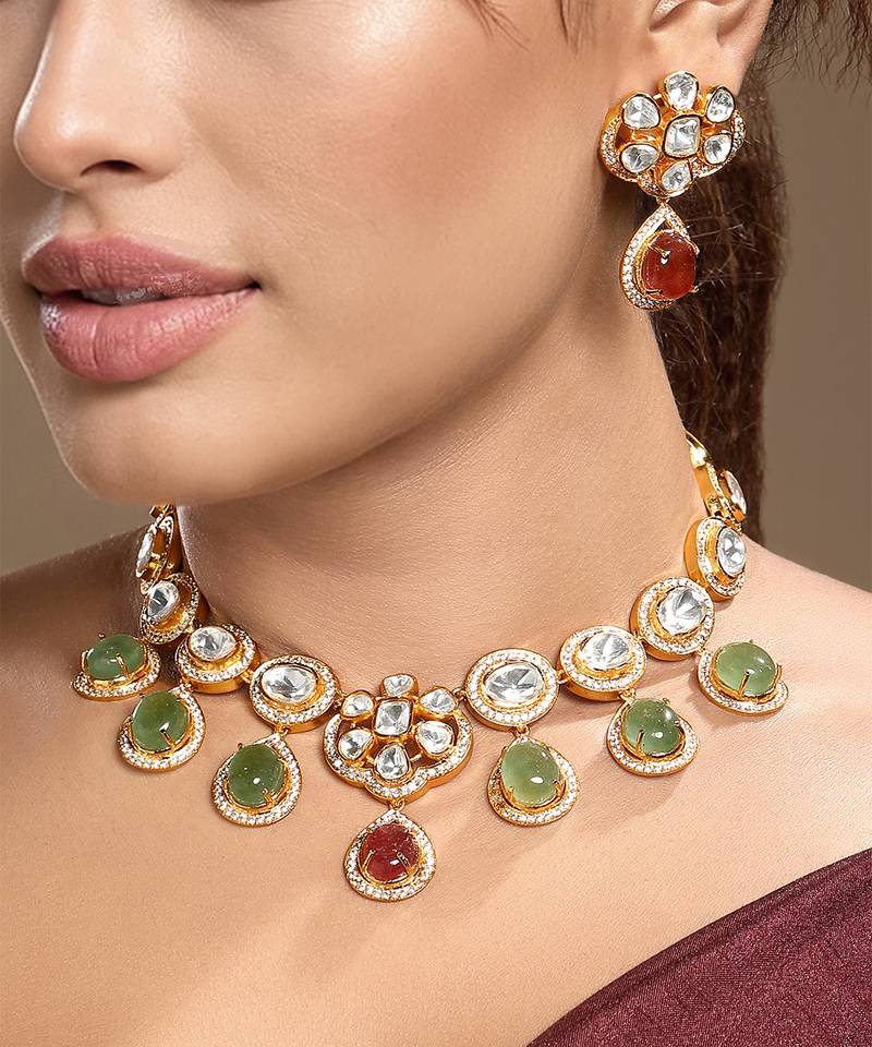 Gold plated kundan green stones necklace set