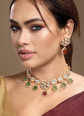 Gold plated kundan green stones necklace set 2
