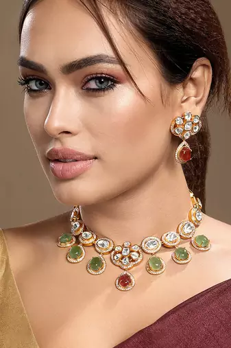 Gold plated kundan green stones necklace set
