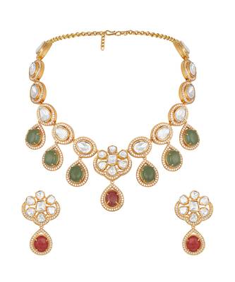Gold plated kundan green stones necklace set 3