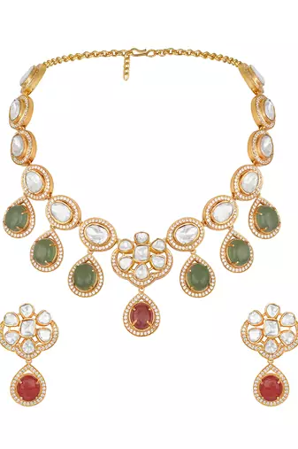 Gold plated kundan green stones necklace set