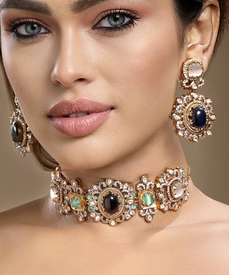 Gold plated kundan multicolor choker necklace set
