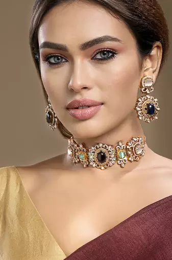 Gold plated kundan multicolor choker necklace set