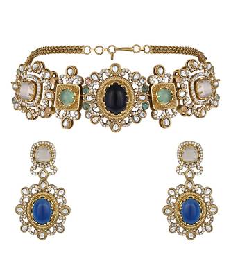 Gold plated kundan multicolor choker necklace set 3