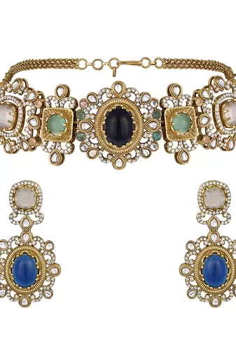 Gold plated kundan multicolor choker necklace set