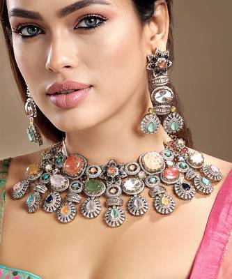 Gold plated kundan multicolor stones necklace set 1