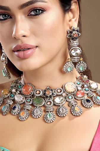 Gold plated kundan multicolor stones necklace set