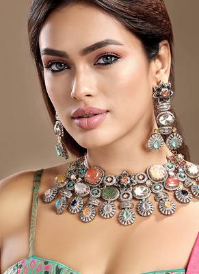Gold plated kundan multicolor stones necklace set 2