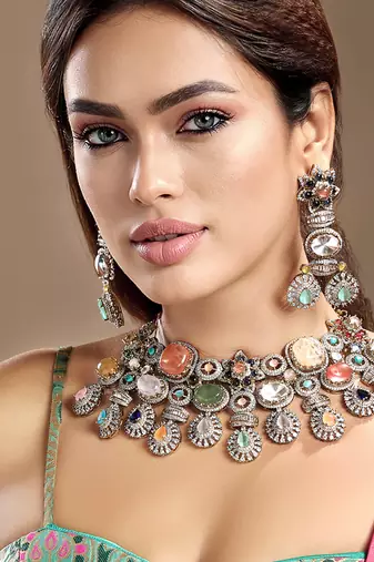 Gold plated kundan multicolor stones necklace set