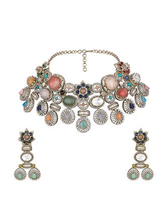 Gold plated kundan multicolor stones necklace set 3