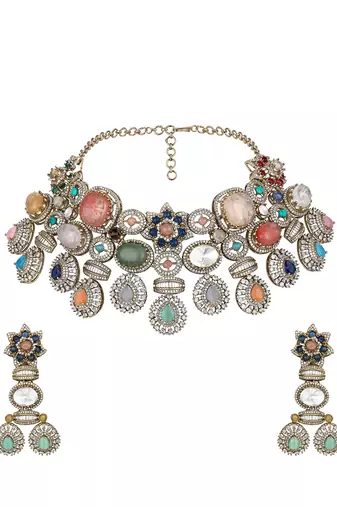 Gold plated kundan multicolor stones necklace set