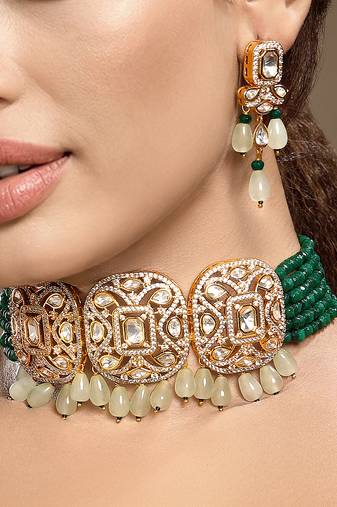Gold plated kundan green stone choker necklace set