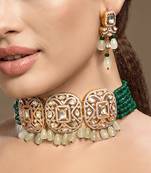 Gold plated kundan green stone choker necklace set