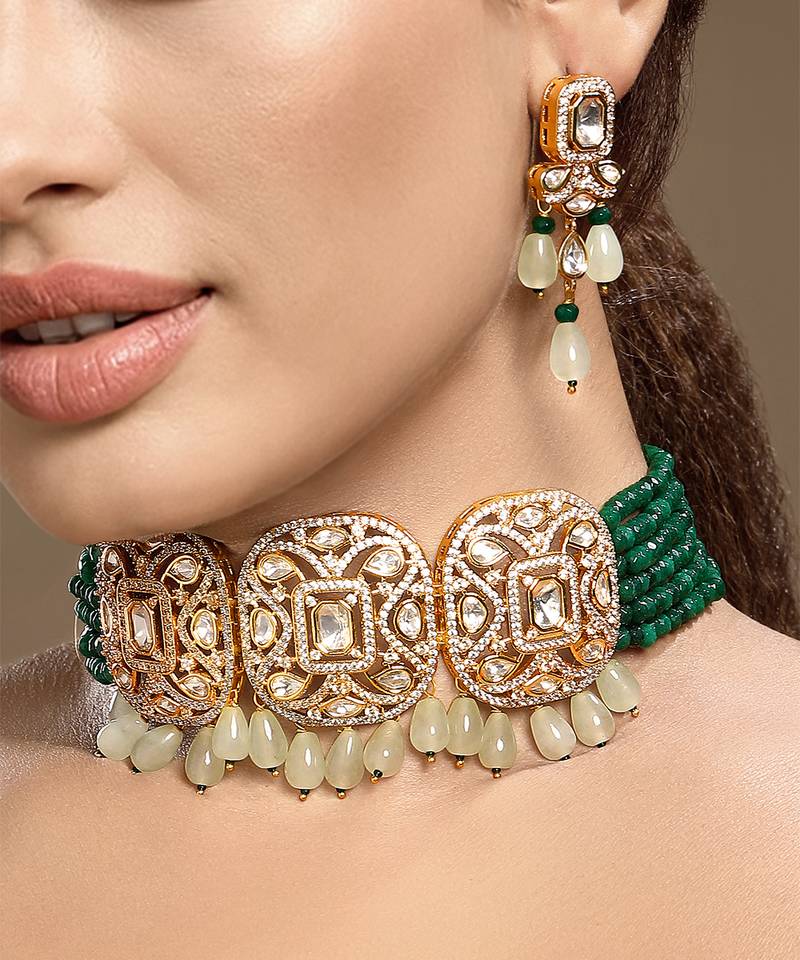 Gold plated kundan green stone choker necklace set