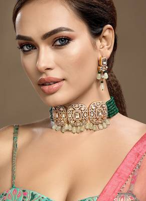 Gold plated kundan green stone choker necklace set 2