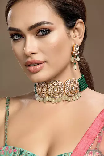 Gold plated kundan green stone choker necklace set