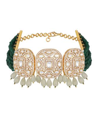 Gold plated kundan green stone choker necklace set 3