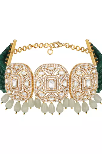 Gold plated kundan green stone choker necklace set