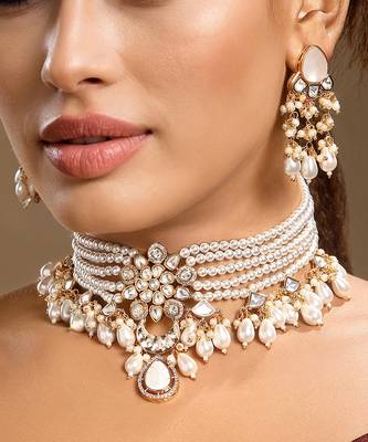 Gold plated kundan pearl choker necklace set 1