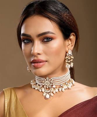 Gold plated kundan pearl choker necklace set 2