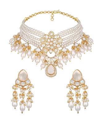 Gold plated kundan pearl choker necklace set 3