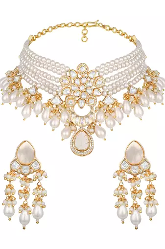 Gold plated kundan pearl choker necklace set