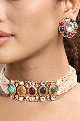 Gold plated kundan multicolor choker necklace set