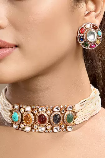 Gold plated kundan multicolor choker necklace set